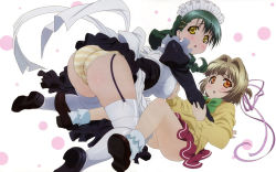 blush breasts brown_eyes brown_hair crotch_seam garter_belt garter_straps grabbing grabbing_another&#039;s_breast green_hair highres ladies_versus_butlers! large_breasts loli open_mouth orange_eyes ousawa_mimina panties shikikagami_sanae striped_clothes striped_panties takami_akio thighhighs underwear yellow_eyes rating:Questionable score:80 user:tyrone101