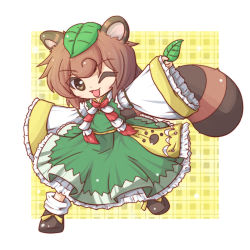  1girl animal_ears bad_id bad_pixiv_id brown_eyes brown_hair fushigi_ebi highres leaf leaf_on_head object_on_head one_eye_closed open_mouth original patterned_background roku_(touhou) short_hair smile solo tail touhou wink 