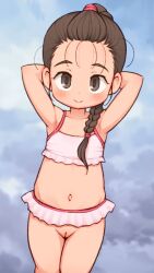  1girl armpits arms_behind_head arms_up bangs_pinned_back bikini bikini_skirt blush braid braided_ponytail brown_eyes brown_hair cleft_of_venus closed_mouth collarbone commentary english_commentary female_focus flat_chest lasto loli long_hair looking_at_viewer navel no_panties original pink_bikini pussy single_braid smile solo swimsuit  rating:Explicit score:106 user:danbooru