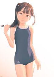  1girl blue_one-piece_swimsuit brown_eyes brown_hair commentary_request competition_school_swimsuit cowboy_shot flat_chest highres long_hair looking_at_viewer one-piece_swimsuit original school_swimsuit side_ponytail simple_background smile solo swimsuit uzuki_mei white_background  rating:Sensitive score:14 user:danbooru