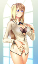  1girl bad_id bad_pixiv_id black_bra blonde_hair blue_eyes bottomless bra breasts cleavage cleavage_cutout clothing_cutout female_pubic_hair isobe large_breasts lingerie long_hair no_panties pubic_hair roman_(sound_horizon) solo sound_horizon underwear violette_(sound_horizon)  rating:Explicit score:22 user:danbooru