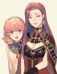  2girls :d akke blue_hairband breasts cleavage curly_hair diamond_earrings earrings fire_emblem fire_emblem_echoes:_shadows_of_valentia genny_(fire_emblem) grin hairband jewelry large_breasts long_hair looking_at_viewer multiple_girls nintendo open_mouth pendant photoshop_(medium) purple_hair simple_background small_breasts smile sonya_(fire_emblem_gaiden) upper_body white_background yellow_eyes  rating:Sensitive score:10 user:danbooru