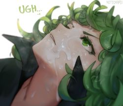  1girl after_fellatio annoyed artist_name cum facial green_eyes green_hair head highres looking_up medium_hair one-punch_man parted_lips simple_background solo sorapoi stray_pubic_hair tatsumaki white_background  rating:Explicit score:339 user:danbooru