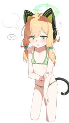  1girl animal_ear_headphones animal_ears bare_arms bare_legs bare_shoulders bikini blonde_hair blue_archive blush bow breasts cat_tail collarbone cowboy_shot cropped_legs fake_animal_ears green_bow green_eyes green_halo hair_bow halo headphones highres jambujok loli midori_(blue_archive) navel open_mouth short_hair simple_background small_breasts solo spoken_blush striped_bikini striped_clothes swimsuit tail white_background  rating:Sensitive score:48 user:danbooru