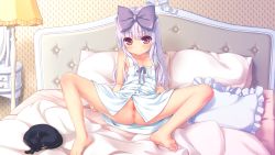  1girl 3.1-tan anus aoi_kumiko barefoot bed bed_sheet blush bottomless bow cat dress feet hair_bow highres lamp loli long_hair looking_at_viewer no_panties os-tan pillow purple_eyes purple_hair pussy smile solo spread_legs uncensored  rating:Explicit score:165 user:inver
