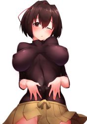 10s 1girl absurdres blush boruhis breasts breasts_apart brown_eyes brown_hair brown_skirt covered_erect_nipples covered_navel cowboy_shot hair_between_eyes hand_on_own_stomach highres impossible_clothes ise_(kancolle) kantai_collection large_breasts looking_at_viewer navel nontraditional_miko pleated_skirt ponytail puffy_nipples short_hair skin_tight skirt solo spread_navel wind wind_lift rating:Questionable score:25 user:danbooru