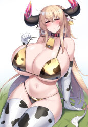 1girl absurdres animal_ears animal_print arm_support bell bikini blonde_hair blush breasts cleavage commentary_request cow_ears cow_horns cow_print cow_print_bikini cow_print_gloves cow_print_thighhighs cow_tail cowbell crossed_bangs curvy ear_tag elbow_gloves gloves gold_bikini gradient_background grass highres horns huge_breasts kubiwa_(kutan) kutan long_hair looking_at_viewer navel original parted_lips print_bikini print_gloves print_thighhighs red_eyes sitting solo swimsuit tail thighhighs very_long_hair white_background white_thighhighs 