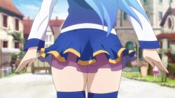  1girl animated anime_screenshot aqua_(konosuba) ass ass_focus ass_shake back blue_dress blue_hair blue_thighhighs dress female_focus gluteal_fold head_out_of_frame kono_subarashii_sekai_ni_shukufuku_wo! layered_skirt long_hair long_sleeves lower_body miniskirt no_panties pov screencap skirt tagme thighhighs thighs video walking  rating:Sensitive score:57 user:screambarbez
