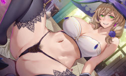  1girl :d absurdres anus anus_peek arms_at_sides bandeau bare_shoulders black_gloves black_panties black_thighhighs blue_flower blush breasts brown_hair cleavage collarbone commentary_request ctrlz77 curtains earrings elbow_gloves female_pubic_hair flower gem genshin_impact gloves green_eyes grin hair_between_eyes hair_flower hair_ornament hat_belt head_tilt highres hourglass indoors jewelry knees_up lace lace-trimmed_legwear lace_trim large_breasts light_particles lisa_(genshin_impact) long_hair looking_at_viewer low_tied_hair open_mouth panties paper pink_lips pubic_hair pubic_hair_peek purple_flower purple_headwear purple_rose rose sitting sitting_on_table skindentation smile solo spread_legs table thighhighs thong underwear window  rating:Explicit score:235 user:danbooru