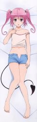 &gt;:o 10s 1girl :o absurdres bare_arms bare_legs bare_shoulders barefoot bed_sheet blue_shorts blush breasts collarbone dakimakura_(medium) demon_tail denim denim_shorts feet from_above full_body hair_between_eyes hand_up highres huge_filesize long_hair long_image looking_at_viewer lying nana_asta_deviluke navel off_shoulder on_back panties pink_hair purple_eyes scan shorts small_breasts solo tail tall_image tank_top thighs to_love-ru to_love-ru_darkness toes twintails unbuttoned underwear v-shaped_eyebrows white_background white_panties rating:Sensitive score:56 user:danbooru