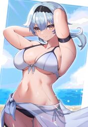  1girl absurdres arm_strap armpits arms_behind_head arms_up bare_shoulders beach bikini black_hairband blue_hair blue_sky brown_eyes commentary cowboy_shot day eula_(genshin_impact) genshin_impact hairband highres kirima_(user_danf8787) long_hair looking_at_viewer mismatched_bikini navel ocean outdoors sarong sky smile solo standing stomach swimsuit water 