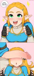 1boy 1girl 2koma afrobull blonde_hair blue_eyes blush braid comic encouragement english_text excited fingerless_gloves gloves hair_ornament hairclip happy heavy_breathing hetero highres imminent_fellatio instant_loss large_penis link lips long_hair looking_at_viewer nintendo nose penis penis_awe penis_on_face penis_over_eyes pink_lips pointy_ears princess_zelda sparkle speech_bubble teeth the_legend_of_zelda the_legend_of_zelda:_breath_of_the_wild thick_eyebrows uncensored rating:Explicit score:815 user:Vardigiil