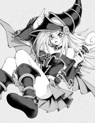  1girl bare_shoulders blush_stickers boots breasts choker cleavage dark_magician_girl duel_monster greyscale hair_between_eyes hat highres holding large_breasts long_hair looking_at_viewer monochrome open_mouth sigaraki777 smile solo staff wand wizard_hat yu-gi-oh! 