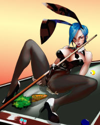  1futa animal_ears black_pantyhose blue_hair blue_lips breasts bulge carrot cue_stick cum cum_in_clothes cum_through_clothes erection erection_under_clothes fake_animal_ears futanari gloves high_heels highres huge_breasts large_breasts leotard lipstick makeup necktie outstretched_arms pantyhose penis playboy_bunny pool_table rabbit_ears red_eyes sammohung shiny_skin shoes short_hair solo spread_arms spread_legs stiletto_heels sweat table white_gloves  rating:Explicit score:79 user:thebatman