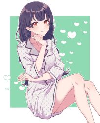  1girl black_hair bottomless braid crossed_arms green_background hand_on_own_chin hand_on_own_face heart idolmaster idolmaster_shiny_colors lingerie long_hair loungewear mayuzumi_fuyuko messy_hair nail_polish orange_eyes otakunocamp patterned patterned_clothing simple_background sitting sleepwear smile solo thighs underwear white_background  rating:Sensitive score:9 user:borgo42