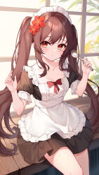 1girl absurdres alternate_costume apron brown_hair closed_mouth collarbone flower genshin_impact hair_flower hair_ornament hands_up highres holding holding_spoon hu_tao_(genshin_impact) long_hair looking_at_viewer maid_headdress poinia red_eyes short_sleeves solo spoon thighs twintails white_apron white_headwear rating:Sensitive score:19 user:danbooru
