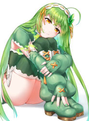  1girl ahoge blush boots closed_mouth dot_nose elbow_gloves fingerless_gloves fingernails flower_knight_girl gloves green_arm_warmers green_footwear green_gloves green_hair green_leg_warmers green_nails green_theme green_thighhighs hairband highres knee_boots knees_to_chest long_hair looking_at_viewer mint_(flower_knight_girl) monoton_(neoteto) simple_background sitting smile solo thigh_strap thighhighs white_background white_hairband yellow_eyes 