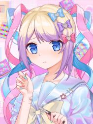  1girl blister_pack blonde_hair blue_bow blue_eyes blue_hair blue_nails blue_shirt bow boxcutter chouzetsusaikawa_tenshi-chan chromatic_aberration cuts frown hair_bow hair_ornament hands_up heart heart_hair_ornament highres holding holding_boxcutter injury long_hair looking_at_viewer lsd mofa_shaonu_xiao_die multicolored_hair multicolored_nails multiple_hair_bows nail_polish needy_girl_overdose pill pink_bow pink_hair pink_nails purple_bow quad_tails sailor_collar self-harm self-harm_scar shirt solo tearing_up upper_body wrist_cutting yellow_bow yellow_nails 