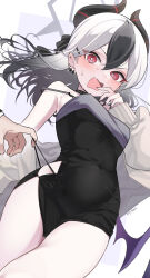  1girl 1other aibon artist_name black_choker black_dress black_hair black_horns black_nails black_panties blue_archive blush breasts bright_pupils cardigan choker clothing_cutout commentary_request covered_navel demon_girl demon_horns demon_wings dot_nose dress duplicate ear_piercing earrings fingernails gradient_hair grey_cardigan grey_halo grey_jacket hair_between_eyes hair_ornament hairclip halo highres horns jacket jewelry kayoko_(blue_archive) kayoko_(dress)_(blue_archive) long_hair long_sleeves low_wings multicolored_hair nail_polish off_shoulder open_mouth pale_skin panties piercing pixel-perfect_duplicate purple_wings red_eyes short_dress side-tie_panties side-tie_peek signature simple_background single_wing small_breasts solo_focus string_panties string_pull stud_earrings underwear wavy_mouth white_hair white_pupils wings 