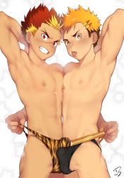 2boys abs absurdres akatora_taiga akiba_hiro animal_print armpits black_male_underwear blonde_hair blush briefs brown_eyes brown_hair bulge camp_buddy erection erection_under_clothes highres jockstrap looking_at_viewer male_focus male_underwear male_underwear_pull multicolored_hair multiple_boys muscular muscular_male navel nipples orange_hair pectorals pulling_another&#039;s_clothes red_eyes scar scar_on_face scar_on_nose shiba_yuuji short_hair smile teeth tiger_print toned toned_male tongue tongue_out two-tone_hair undercut underwear rating:Questionable score:91 user:danbooru