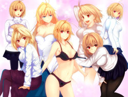  1girl :d antenna_hair archetype_earth arcueid_brunestud bare_shoulders black_bra black_panties black_pantyhose blonde_hair bow bow_bra bow_panties bra breasts cleavage_cutout clothing_cutout collarbone contrapposto crossed_arms crossed_legs dress expressions from_side hair_intakes half-closed_eyes hand_on_own_thigh iro_(sekaixiro) jewelry long_hair looking_at_viewer looking_back medium_breasts meme_attire multiple_views navel necklace open_mouth panties pantyhose parted_lips pleated_skirt purple_pantyhose purple_skirt red_eyes ribbed_sweater shiny_clothes short_hair sitting skirt smile sparkle standing strapless strapless_dress sweater tsukihime turtleneck turtleneck_sweater underwear white_sweater  rating:Sensitive score:23 user:danbooru