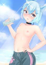 1girl absurdres animal_ears artist_request beach bell black_collar blue_eyes blue_hair blue_male_swimwear blue_sky blue_swim_trunks blush bottle breasts character_request collar collarbone copyright_request cowboy_shot day female_focus highres holding holding_bottle jingle_bell looking_away male_swimwear male_swimwear_challenge multicolored_male_swimwear multicolored_swim_trunks neck_bell nipples ocean open_mouth outdoors paw_print paw_print_pattern print_male_swimwear print_swim_trunks sand shiny_skin single_vertical_stripe sky small_breasts solo source_request standing swim_trunks swimsuit tagme tongue topless vertical-striped_male_swimwear water water_bottle rating:Questionable score:62 user:Alkin