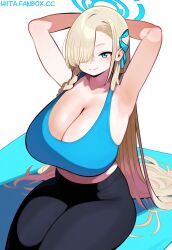  1girl arms_behind_head arms_up asuna_(blue_archive) blonde_hair blue_archive blue_eyes breasts cleavage curvy highres hiita_(hitta_99) huge_breasts long_hair mole mole_on_breast solo thick_thighs thighs very_long_hair  rating:General score:52 user:moonlight_on_the_river
