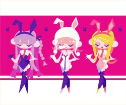  3girls adapted_costume akamatsu_kaede animal_ear_hairband animal_ear_headwear animal_ears armlet bare_shoulders beanie black_gloves black_hairband black_leotard black_ribbon black_thighhighs blonde_hair blunt_bangs blunt_ends blush_stickers braid buttons che_che_che closed_eyes closed_mouth collar crest crossed_legs danganronpa:_trigger_happy_havoc danganronpa_(series) danganronpa_2:_goodbye_despair danganronpa_v3:_killing_harmony detached_collar double-parted_bangs earflap_beanie expressionless fake_animal_ears fake_tail floppy_ears fortissimo frown full_body gloves hair_ornament hair_ribbon hairband hairclip hand_on_own_hip hat hat_ornament highres kirigiri_kyoko leotard long_hair medium_hair multiple_girls musical_note musical_note_hair_ornament nanami_chiaki neck_ribbon necktie no_lineart nose_bubble open_mouth orange_necktie pink_background pink_footwear pink_hair pink_hairband pink_leotard pink_ribbon playboy_bunny pom_pom_hat_ornament purple_hair rabbit_ear_hairband rabbit_ears rabbit_tail red_necktie ribbon shoes simple_background single_braid smile tail thighhighs triangle_hair_ornament triangle_mouth two-tone_background very_long_hair white_arm_warmers white_background white_collar white_gloves white_hat white_leotard yellow_footwear 