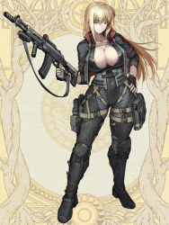  1girl assault_rifle belt belt_pouch black_gloves black_jacket black_pants blonde_hair blue_eyes breasts brown_background cleavage closed_mouth dairoku_ryouhei fingerless_gloves full_body gloves gun hand_on_own_hip handgun hetza_(hellshock) holding holding_weapon holstered jacket large_breasts leg_armor long_hair looking_at_viewer pants pistol pouch rifle smirk solo standing thigh_belt thigh_strap tight_clothes trigger_discipline weapon  rating:Sensitive score:34 user:danbooru