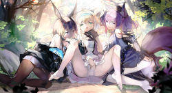  3girls absurdres amiya_(arknights) animal_ear_fluff animal_ears arknights ascot black_jacket black_pantyhose black_thighhighs blue_hairband breasts brown_hair crotch_seam fox_ears fox_girl fox_tail frilled_ascot frills gloves hairband highres jacket jewelry kitsune kyuubi multiple_girls multiple_rings multiple_tails no_shoes official_alternate_costume open_clothes open_jacket panties pantyhose pink_hair pleated_skirt purple_ascot rabbit_ears ring saitogiulio shamare_(arknights) shamare_(echo_of_the_horrorlair)_(arknights) single_glove skirt small_breasts spread_legs suzuran_(arknights) tail thighhighs twintails underwear white_panties white_pantyhose  rating:Questionable score:44 user:danbooru