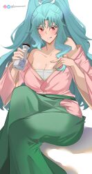  1girl absurdres bandaged_chest blush bottle breasts cleavage drunk green_hair green_pants hair_between_eyes hand_on_own_chest highres holding holding_bottle japanese_clothes kimono knowname large_breasts licking_lips long_hair looking_at_viewer off_shoulder pants pink_kimono ponytail red_eyes sake_bottle signature simple_background sitting solo tomoe_(tsuki_ga_michibiku_isekai_douchuu) tongue tongue_out tsuki_ga_michibiku_isekai_douchuu very_long_hair white_background 