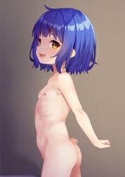  1girl arms_behind_back ass blue_hair breasts brown_background brown_eyes completely_nude fang female_focus from_side gochuumon_wa_usagi_desu_ka? gradient_background highres jouga_maya loli looking_at_viewer mixed-language_commentary nipples nude open_mouth paid_reward_available short_hair simple_background small_breasts solo standing twisted_torso win_opz 