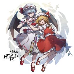 2girls ascot black_wings blonde_hair brooch collared_shirt crystal fighting_stance flandre_scarlet frilled_shirt_collar frilled_skirt frilled_sleeves frills hair_between_eyes hat highres jewelry long_hair mob_cap multiple_girls open_mouth orange_ascot puffy_short_sleeves puffy_sleeves red_ascot red_eyes red_footwear red_skirt red_vest remilia_scarlet shirt shishui_guima shoes short_sleeves siblings side_ponytail sisters skirt smile socks touhou vest white_hat white_shirt white_skirt white_socks wings wrist_cuffs