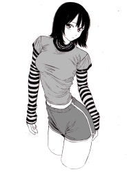  1girl bad_id bad_pixiv_id black_hair breasts closed_mouth dende_(dndn222) greyscale highres large_breasts long_sleeves looking_at_viewer midriff monochrome navel original scan scan_artifacts shirt short_hair shorts sleeves_past_wrists solo standing striped_sleeves thighs traditional_media  rating:General score:3 user:danbooru