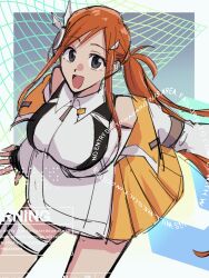  1girl bleach bleach:_brave_souls breasts inoue_orihime large_breasts long_hair looking_at_viewer open_mouth orange_hair ponytail smile 