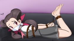  1girl barefoot black_hair couch creatures_(company) feet foot_focus gag gagged game_freak gym_leader helpless hogtie nintendo pokemon pokemon_oras rope roxanne_(pokemon) scared shadow_xcp signature soles toes 
