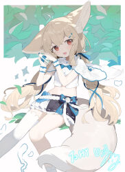  1girl :d ahoge animal_ear_fluff animal_ears artist_request asymmetrical_legwear blush bottle brown_hair capelet feet_out_of_frame fox_ears fox_girl fox_tail hair_ornament hands_up head_tilt highres holding holding_bottle large_ears leaf leaning_back long_hair looking_at_viewer low_twintails midriff navel open_mouth original outstretched_leg plant red_eyes sakurada_shiro_(hy_plus) sakurada_shiro_(summer)_(hy_plus) shirt single_sock single_thighhigh sitting skirt smile socks solo tail thighhighs twintails very_long_hair water_bottle white_background white_capelet white_shirt white_thighhighs 