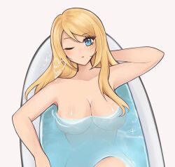  1girl artist_name bathing bathtub blonde_hair blue_eyes blur_censor breasts censored completely_nude highres long_hair medium_breasts metroid nintendo nude one_eye_closed parted_lips partially_submerged purrlucii samus_aran solo water white_background 