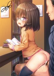 1boy 1girl age_difference ass black_hair black_shirt black_thighhighs blouse blush book bookshelf bottomless censored clothes_pull cum cum_in_pussy cum_on_body faceless faceless_male glasses hetero highres indoors jacket library loli moaning multitasking open_mouth original pants pants_pull penis pink_shirt pubic_hair purple_eyes reading reverse_upright_straddle sex sex_from_behind shirt short_hair sitting sitting_on_lap sitting_on_person table tears thighhighs thighs vaginal yellow_jacket yukino_minato rating:Explicit score:735 user:danbooru