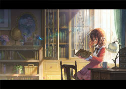  1girl blue_butterfly book bookshelf brown_hair bug butterfly chair closed_mouth cup day desk desk_lamp dress globe green_eyes highres hirose_yuki indoors insect lamp mug original plant reading red_dress solo window window_shadow 