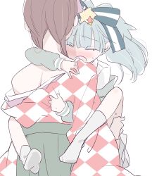  2girls age_difference bare_shoulders blue_hair blunt_bangs blush brown_hair checkered_clothes checkered_kimono closed_eyes height_difference highres hoshikawa_lily implied_sex japanese_clothes kimono loli long_hair multiple_girls nakamura_taiyaki off_shoulder onee-loli red_hair short_hair simple_background socks sweat twintails white_background yuri yuugiri_(zombie_land_saga) zombie_land_saga  rating:Questionable score:82 user:danbooru