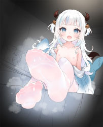 1girl :d bed blue_eyes blue_hair blunt_bangs blush demon_horns demon_wings fangs feet female_focus fins fish_tail flat_chest foot_focus foreshortening full_body gawr_gura hair_ornament halloween hololive hololive_english horns ikea_shark indoors jack-o&#039;-lantern jack-o&#039;-lantern_hair_ornament loli long_hair long_sleeves looking_at_viewer multicolored_hair nipples no_bra no_shoes off_shoulder on_bed open_mouth pantyhose shark_girl shark_tail sitting sleeves_past_fingers sleeves_past_wrists smile solo steam steaming_body streaked_hair stuffed_animal stuffed_shark stuffed_toy tail two_side_up virtual_youtuber white_hair white_pantyhose wings yazawa_oke rating:Questionable score:499 user:danbooru