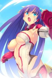  1girl armpits blue_eyes blue_sky blush breasts center_opening cleavage echo_(circa) fate/grand_order fate_(series) gloves hair_ornament highleg highleg_leotard large_breasts leotard long_hair looking_at_viewer martha_(aerial_drive)_(fate) martha_(fate) mechanical_gloves navel open_mouth purple_hair red_gloves sky solo white_leotard 