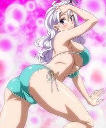 1girl arms_up ass bikini blue_eyes breasts fairy_tail front_ponytail highres huge_ass large_breasts long_hair mirajane_strauss silver_hair solo stitched swimsuit third-party_edit trefoil underboob rating:Questionable score:179 user:SuperDude