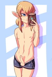  1boy blonde_hair blue_eyes cellphone erection foreskin link loomi male_focus navel nintendo nipples penis phone pointy_ears precum selfie shorts shota solo taking_picture testicles the_legend_of_zelda the_legend_of_zelda:_breath_of_the_wild topless_male underwear  rating:Explicit score:115 user:loomi
