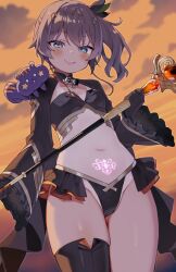  1girl alternate_costume animal animal_on_shoulder aqua_eyes ayaoshiro black_gloves black_panties black_shrug black_thighhighs black_tube_top breasts brown_hair cloud cloudy_sky commentary_request cowboy_shot crop_top frilled_sleeves frills from_below gloves glowing_tattoo gold_trim hair_ornament highres holding holding_staff hololive looking_at_viewer mahou_shoujo_holowitch! matsurisu natsuiro_matsuri navel one-piece_tan open_mouth orange_sky paid_reward_available panties pubic_tattoo side_ponytail single_thighhigh sky small_breasts smile solo staff stomach strapless tan tanline tattoo teeth thighhighs thighs tube_top underwear upper_teeth_only v-shaped_eyebrows virtual_youtuber 