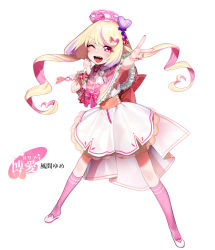  1girl :d absurdres bad_id bad_pixiv_id blonde_hair capelet dress eyelashes fingernails frills hair_ornament halo heart heart-shaped_pupils heart_hair_ornament highres kneehighs legs_apart looking_at_viewer magical_girl multicolored_hair nail_polish ohisashiburi one_eye_closed open_mouth original pink_socks pink_ribbon red_nails ribbon sash shoes simple_background smile socks solo streaked_hair symbol-shaped_pupils v white_background white_dress white_footwear  rating:Sensitive score:7 user:danbooru
