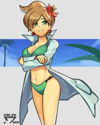  1girl absurdres alolan_exeggutor alolan_form arms_under_breasts artist_name aurea_juniper bikini breasts brown_hair cleavage coat commentary cowboy_shot creatures_(company) crossed_arms earrings english_commentary flower game_freak gen_7_pokemon green_bikini green_eyes hair_flower hair_ornament highres jewelry lab_coat long_sleeves navel nintendo open_clothes open_coat orlek pokemon pokemon_(creature) pokemon_bw swimsuit white_coat 