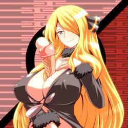  00s 1girl between_breasts blonde_hair breasts cleavage creatures_(company) cynthia_(pokemon) food game_freak hair_ornament hair_over_one_eye hairpin ice_cream large_breasts long_hair nintendo pokemon pokemon_dppt sexually_suggestive solo tro very_long_hair  rating:Questionable score:122 user:danbooru