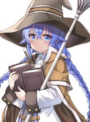  1girl blue_eyes blue_hair blush book braid brown_cape brown_capelet brown_hat cape capelet collared_shirt commentary crossed_bangs dress hair_between_eyes hat highres holding holding_book hugging_book hugging_object long_braid long_hair long_sleeves looking_at_viewer mushoku_tensei nean roxy_migurdia shirt simple_background smile solo staff tsurime twin_braids upper_body white_background white_dress witch_hat 